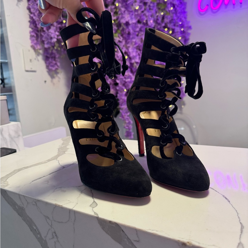 Christian Louboutin Black Suede Lace-Up Heels